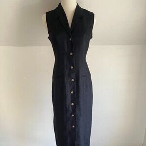 Vintage 1990s Minimalist Button Front Vest Dress Black Linen - XS